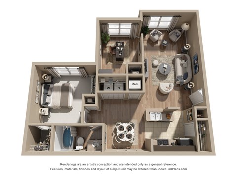Floor plan for 1 bed, 1 bath, 907 sqft